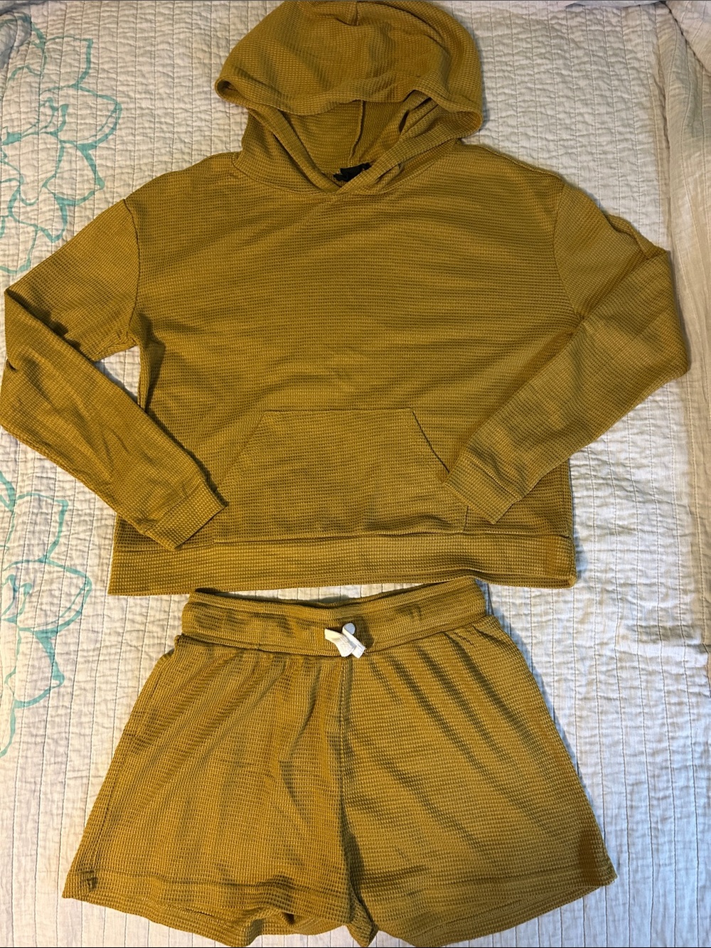 UO Out from Under Mustard Waffle Knit Hoodie & Shorts Set - Small